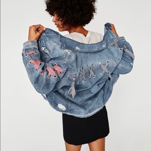 COPY - Zara Blue Oversized Denim Jacket with Gingham Ribbon Detail - Picture 2 of 15